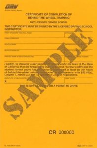 Certificate of Completion of Behind-The-Wheel Training